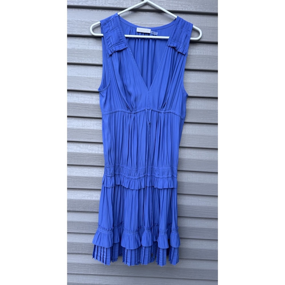 Ramy Brook Blue Silk Chiffon Pleated Ruffle Mini A-Line Dress V-Neck Size L